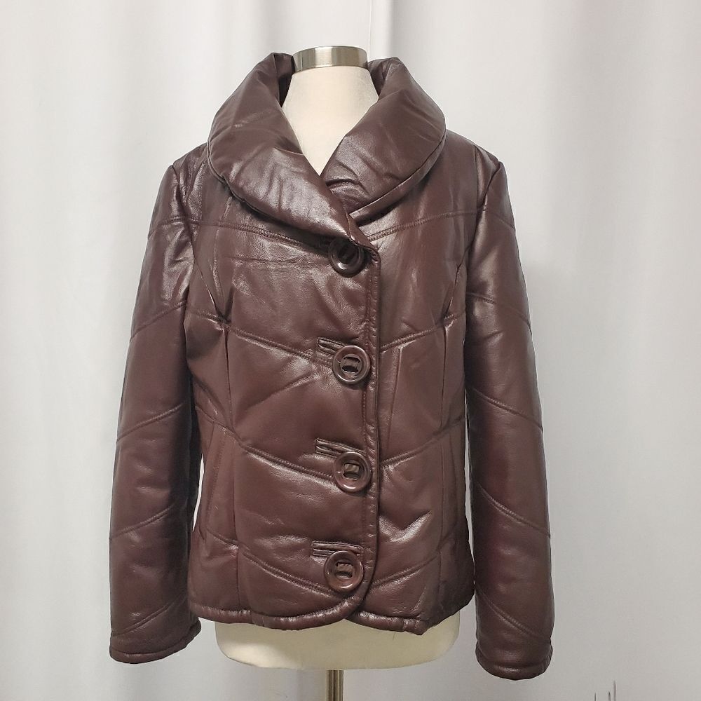 Vintage 90s y2k Designer Luxury Sergio Beninni Brown Leather Quilted Puffer Coat